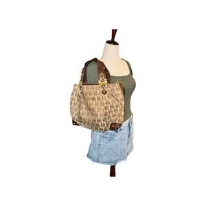Michael Kors Large Tan and Brown Monogrammed Fabric Tote Crossbody Bag